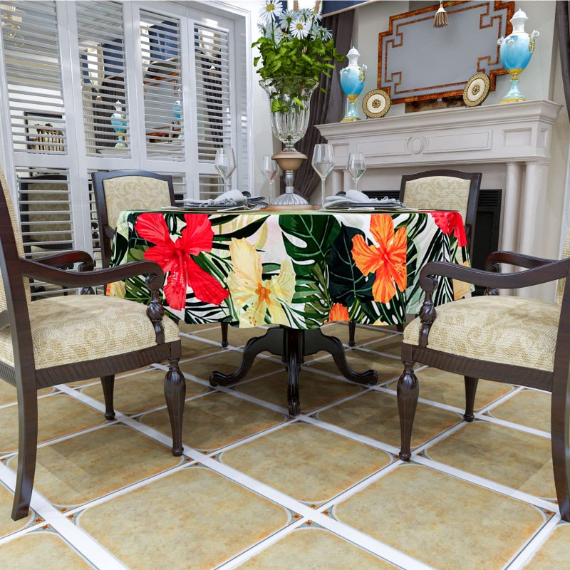 VVA Tropical Round Tablecloth, Hawaiian Palm Tree Hibiscus Flowers Plants Tablecloths, Aloha/Luau Theme Party, Wipeable Waterproof Table Cloth for Family Dinners Patio Outdoor/Outside Events 50x50 Inch - Image 5